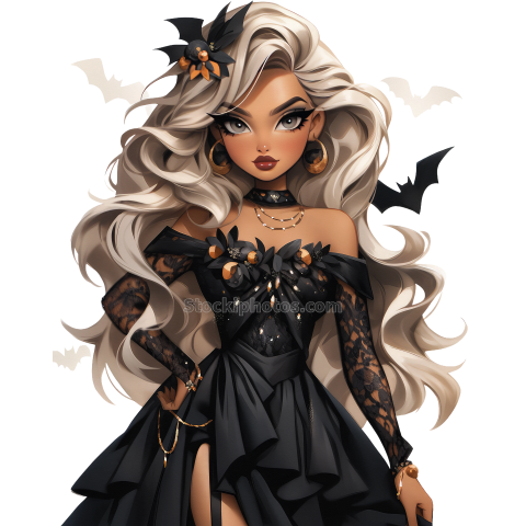 Halloween Goth Chic Dolls Watercolor Clipart Illustration (51)