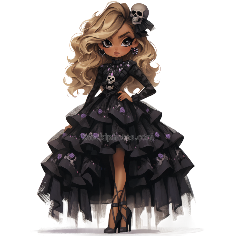 Halloween Chic Bones Doll Watercolor Clipart Illustration (35)