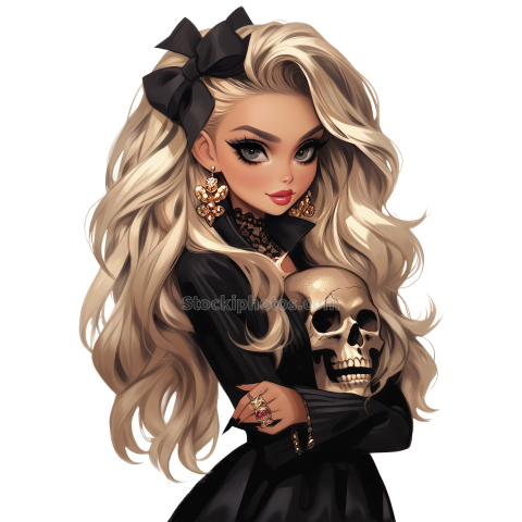 Halloween Chic Bones Doll Watercolor Clipart Illustration (47)