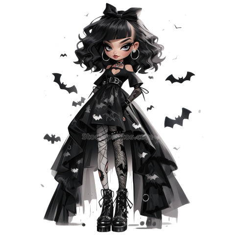 Halloween Goth Chic Dolls Watercolor Clipart Illustration (38)