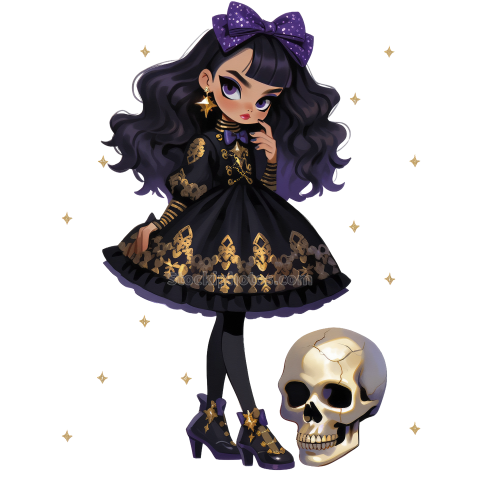 Halloween Chic Bones Doll Watercolor Clipart Illustration (1)