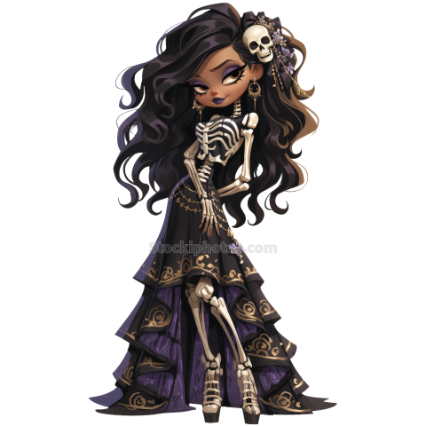 Halloween Chic Bones Doll Watercolor Clipart Illustration (34)