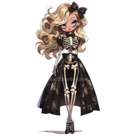 Halloween Chic Bones Doll Watercolor Clipart Illustration (8)