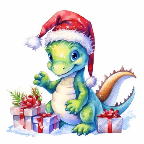 there is a cartoon dinosaur with a santa hat and presents. gener