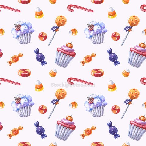 Watercolor sweet Halloween. Seamless pattern with cupcake