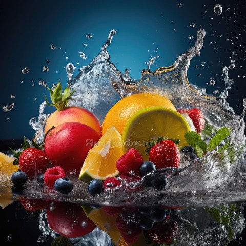 Fresh fruit splashing into clear water, Fresh fruits into clear water splash background Ai generated